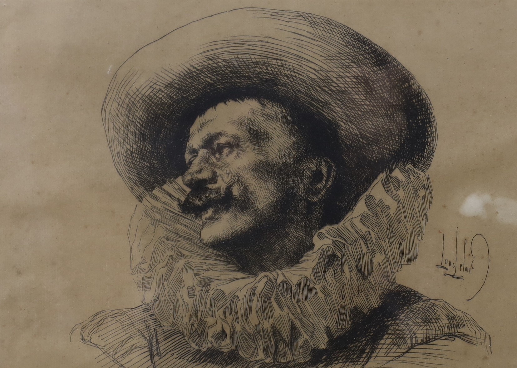Alexandre-Louis Leloir (French, 1843-1884), conté crayon drawing and the etching from it, Head of a cavalier, signed in the etching plate, 19 x 24cm